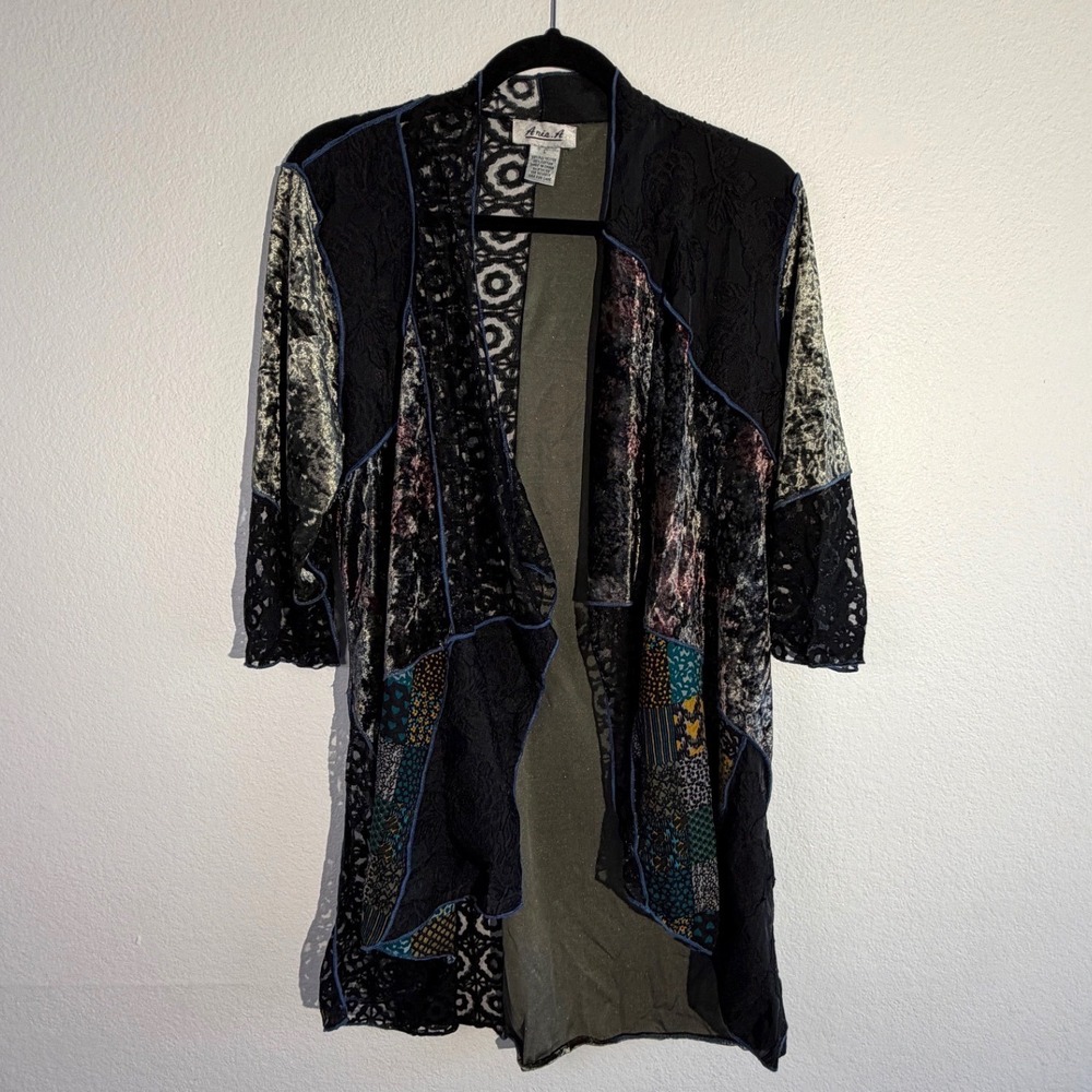 Anis A Womens Patchwork Velvet Lace Duster Cardigan Dark Olive Black Large